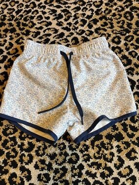 Minnow Swim, Boys Light Blue Floral Swim Trunks with Navy Trim size 5/6